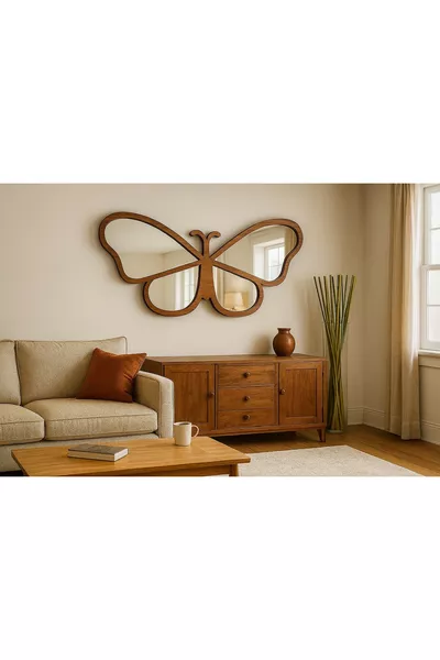 لوح رأس سرير مرآة فراشة - مرآة خشبية - مرآة خشبية زخرفية