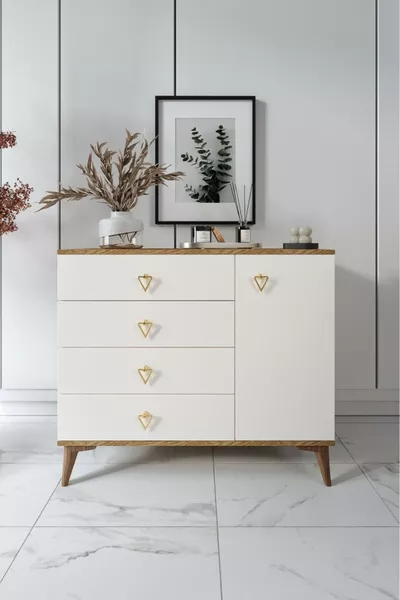 خزانة حديثة بسيطة بأربع أدراج وغطاء واحد، لون عاجي وجوز