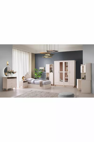 Kuğu Jongenskamer Set - MDF - Leisteen - Spiegel - 4 Deurs Kast Zonder Bedbodem - Gratis Bezorging en Montage