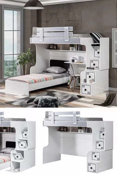 Двухъярусная кровать, двухъярусная кровать с рисунком, кровать, стол