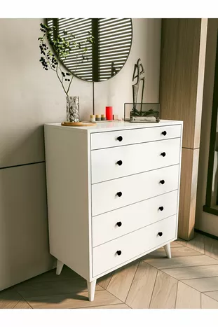 Скрин Блестящо Бял с 5 Чекмеджета Кънтри Скрин Нощно шкафче Дървено