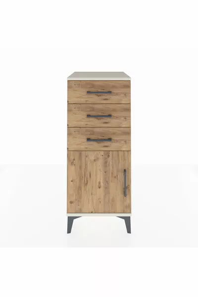 Comodino Hyperion con Un Ripiano, 3 Cassetti e Una Porta, Pietra di Luna-Pino