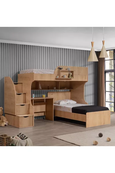 Bunk Bed, Aura Bunk Bed Bed Table 3-Door Wardrobe + 2 Comfort Mattresses