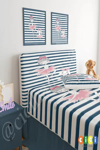Bed Base Headboard Cover Navy Blue Stripes Ballerina and Rabbit