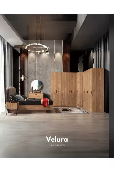 طقم غرفة نوم إيزجي (خزانة بأبواب خشبية + كومودينو + منضدة جانبية + سرير)