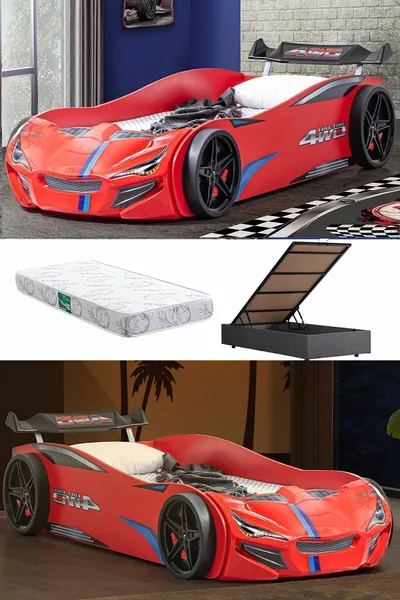 Lit avec voiture, lit avec sommier Merso et paravent - Rouge 1 pièce Matelas Comfort