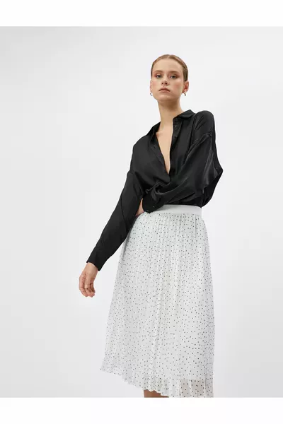 Şifon Pileli Etek Midi Boy Puantiyeli Astarlı