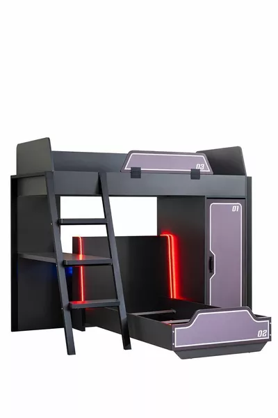 Bunk Bed Gamer Room, Gamer Bunk Bed with LED, Bed, Desk, Wardrobe, 2 Comfort Mattresses