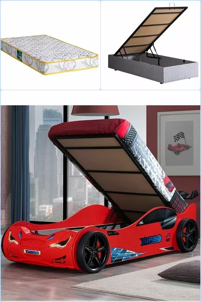 Lit avec voiture, lit voiture avec sommier superposé et barrières, avec LED - Rouge 1 matelas Comfort