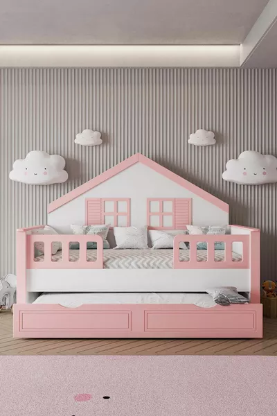 % سرير أطفال مونتيسوري مصنوع من مادة MDF، مع درج، وردي