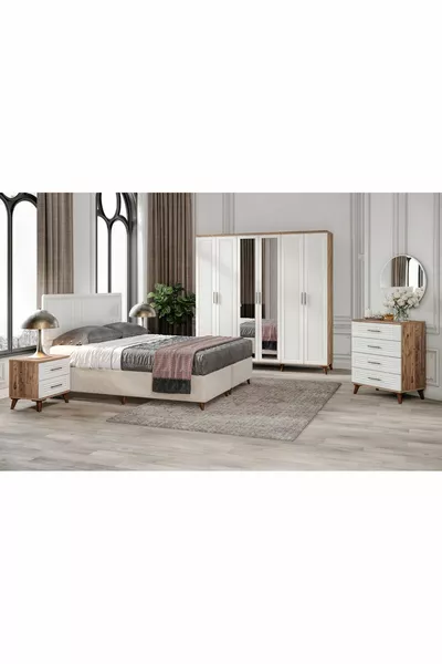 طقم غرفة نوم كامل من MDF باريس بستة أبواب، خشب صنوبر أتلانتيك-أبيض (مع قاعدة)