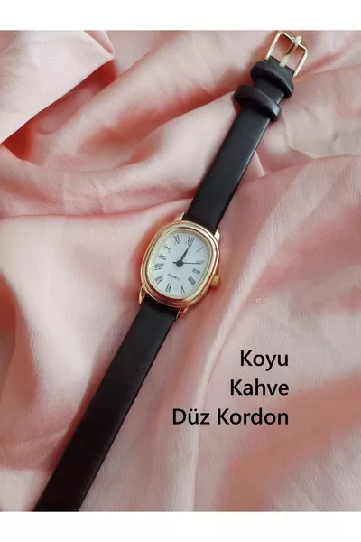 Retro Minimal Damenuhr mit römischen Ziffern, dunkelbraunes Armband 