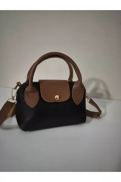 Women's Small Hand and Shoulder Bag with Faux Leather Handle Black-Tan