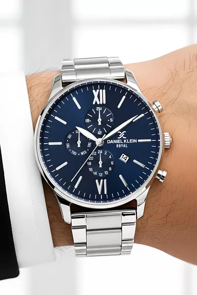 Montre pour homme avec calendrier, bracelet en acier offert, argent-bleu 