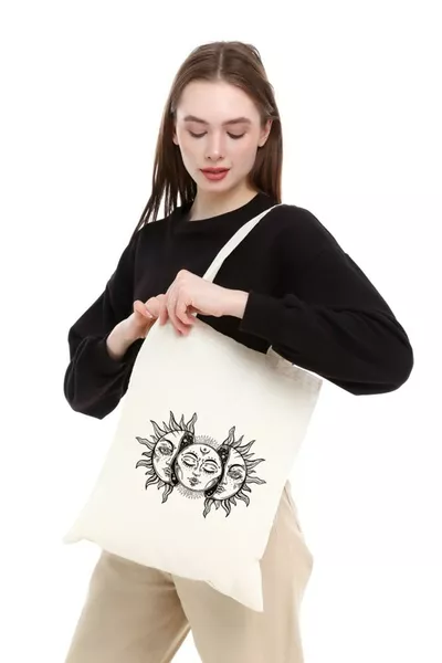 حقيبة قماش خام بطبعة الشمس والقمر عتيقة