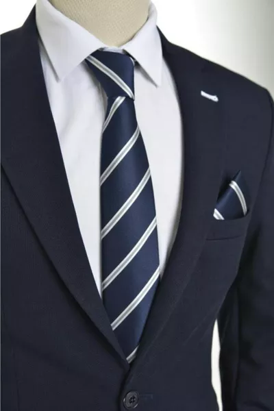 Navy Blue Tie with White Stripes and Pocket Square