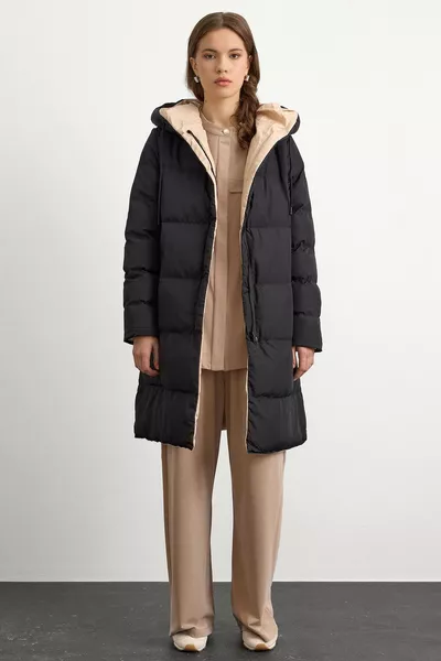 سترة مبطنة قابلة للعكس بلونين مع قبعة سوداء-حجر 