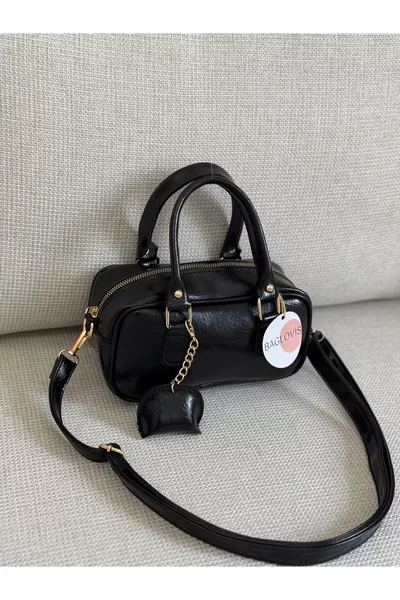 Small Black Women's Shoulder Bag with Mini Leather Charm Detail