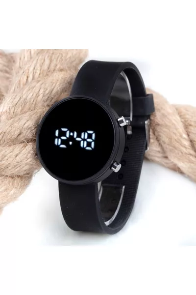 Matte Black Round Digital LED Screen Unisex Watch with Black Silicone Strap 