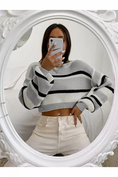 كنزة قصيرة نسائية بتصميم شبكة سلانيك مخططة سميكة