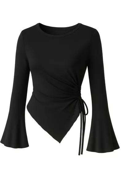 بلوزة علوية متوافقة مع الحجاب بياقة دائرية سوداء وتفاصيل درابيه وأكمام إسبانية