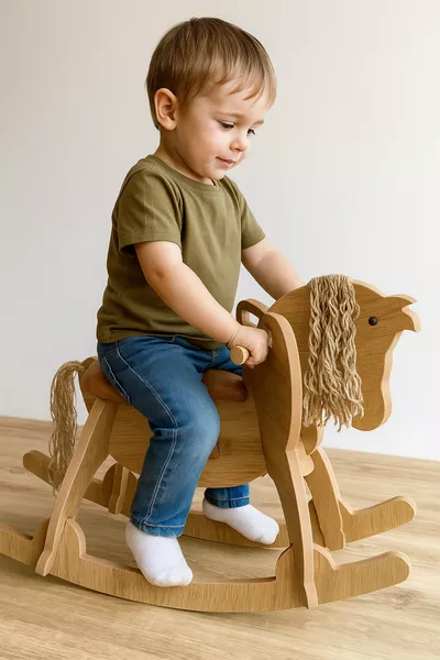 Дървен люлеещ се кон - кожена седалка