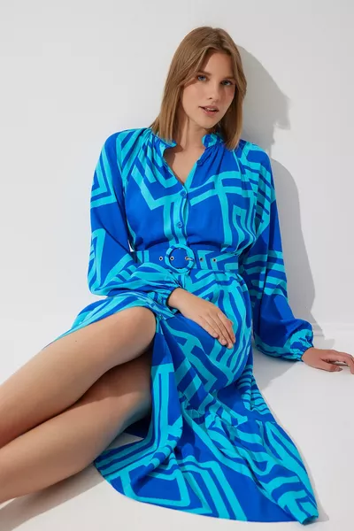Women's Blue Belted Oversize Summer Viscose Dress 
