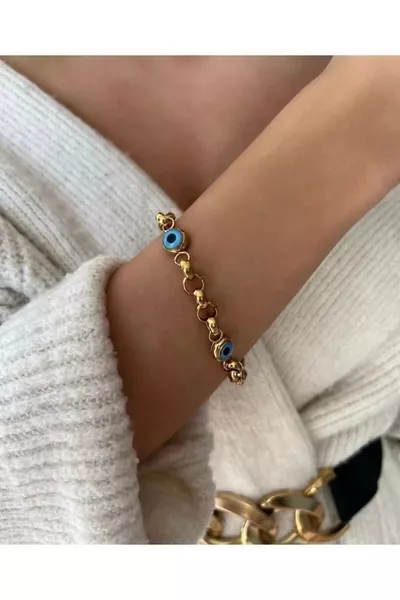 Steel Bracelet with Evil Eye Bead Steel Evil Eye Bead Gold Model Bracelet