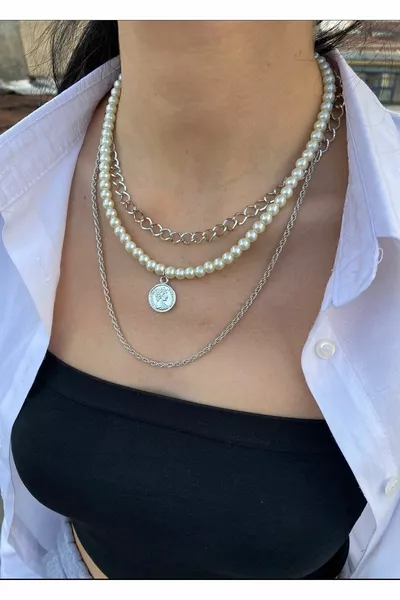 4 Pcs Set Pearl Medallion Pearl Heart Necklace And Bracelet Sets