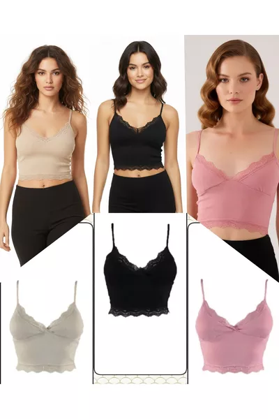3-Piece Crop Set with Strappy Lace Padded Bustier Bralette % Cotton (1- Stone, 1- Pink, 1- Black)