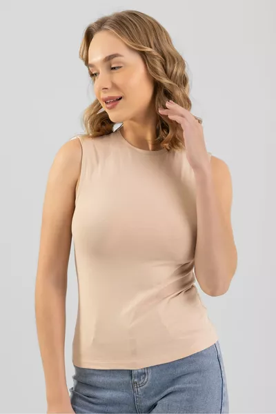 قميص بدي نسائي بأكمام قصيرة برقبة دائرية من القطن بلون البيج