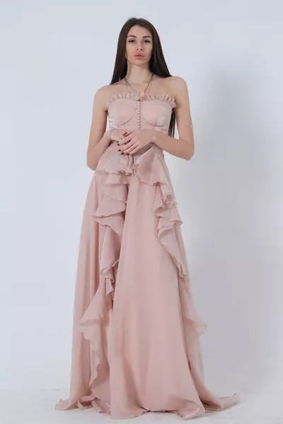 Straplez Yaka Yırtmaçlı Eteği Fırfırlı Abiye Bej 