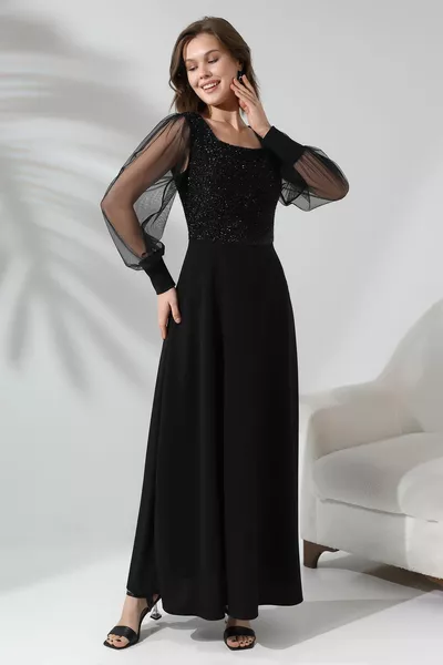 أسود بريق جولة الرقبة فستان طويل واسع 