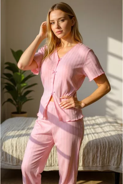 Seasonal V-Neck Cotton Pajama Set with Bow Detail