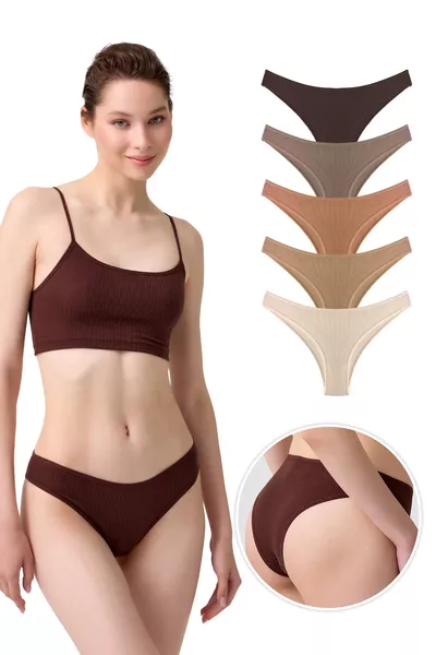 سراويل داخلية نسائية برازيلية ضيقة مضلعة قطن ومرنة، عبوة من 5 قطع - 2