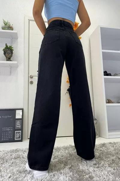 Экстра высокие черные джинсы-палаццо с разрезами, черные джинсы с дырками на коленях, джинсы с лайкрой