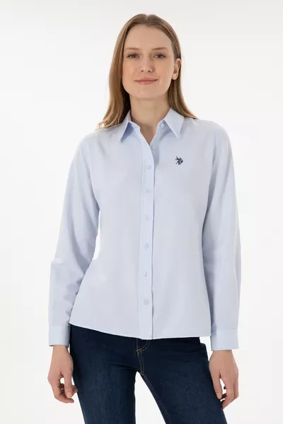 قميص نسائي أزرق فاتح بأكمام طويلة أساسي 