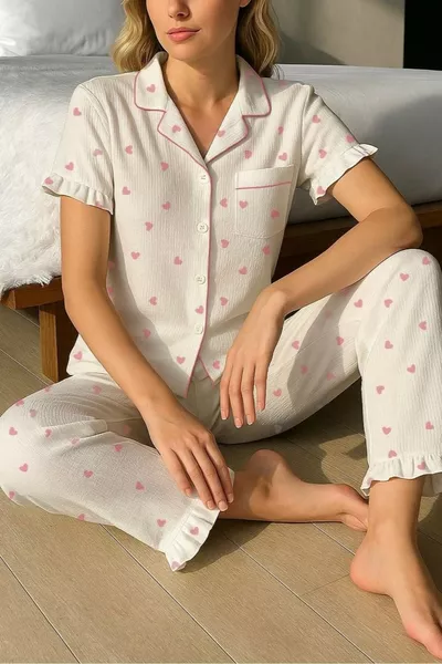Short Sleeve Pink Heart Print Pajama Set