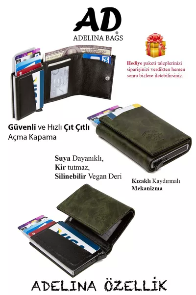 Adelina Unisex Haki Crazy Deri Mekanizmalı Otomatik Kızaklı Kartlık Cüzdan (CM)