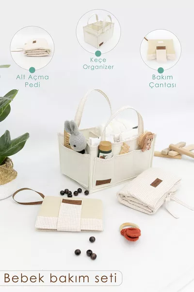 3-delige Babeverzorgingsset; Vilten Mama-Baby Organizer, Waterdichte Verschoonmat, Luiertas