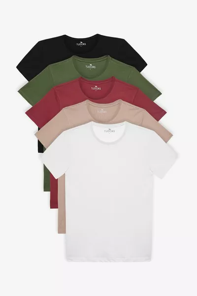 Унисекс комплект от 5 броя тениски в черно-бяло-хаки-бордо-виzон, тънка кройка, изцяло памук, с кръгло деколте