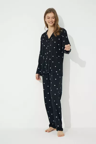 Black and White Heart Print Cotton Button-Up Pajama Set