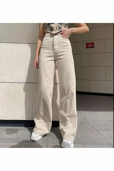 Jean femme taille haute beige 100 % coton