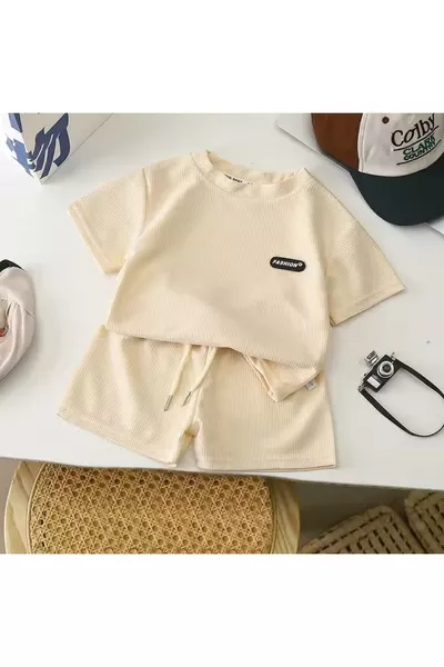 طقم شورت صيفي من الوافل موضة، للأطفال من 6 أشهر إلى 3 سنوات، بيج فاتح