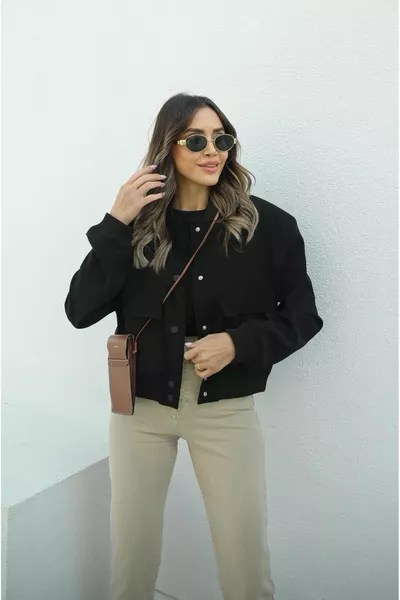 أسود واسع جيب بومبر سترة