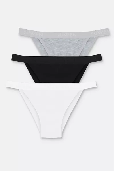 سراويل داخلية عادية من القطن بقصة عادية وخصر مطاطي، مجموعة مكونة من 3 قطع