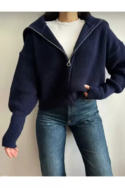 كارديغان صوفي أزرق غامق بياقة مائلة وسحاب