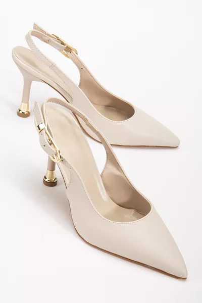 Kadın Bej Deri Tokalı Sivri Şık Topuklu Stiletto Ayakkabı