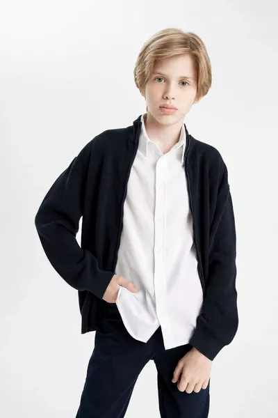 Boys' Navy Blue Half Turtleneck Knit School Basic Cardigan AU
