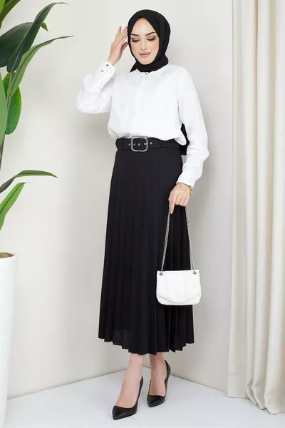 Black Pleated Skirt with Waistband